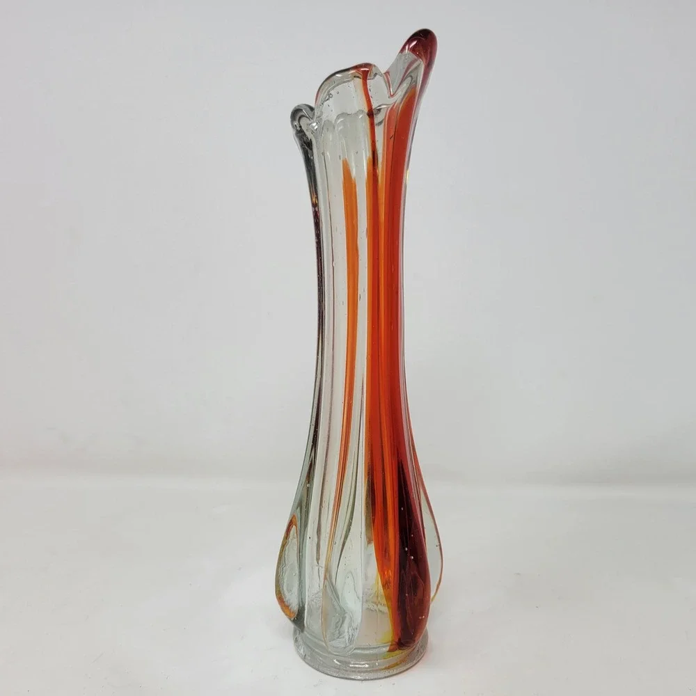 Vintage Mid Century Modern Orange Red Art Swung Glass Bud Vase 9.5 Inch
